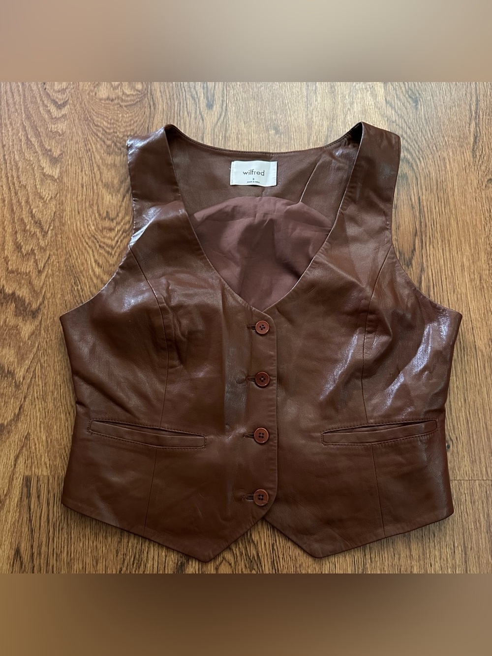 Wilfred Chestnut Brown faux vegan Leather Button-Front Vest lined size 8